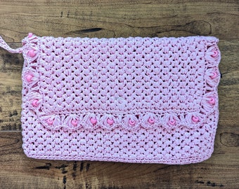Vintage 60s Pink Crochet Raffia Clutch: Beaded Straw Handbag