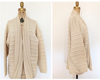 Vintage Hand Knit Lambswool Cardigan: Textured Lace, Shawl Collar