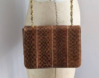 1960s Snakeskin Shoulder Bag: Vintage Cognac Leather Purse with Gold Chain