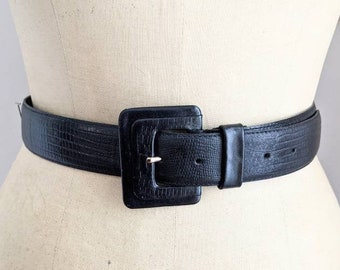 Cinturón de piel negro con estampado de reptiles vintage de los años 80, Liz Claiborne Accessories