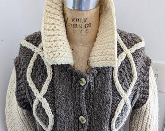 Chaqueta cárdigan de punto acanalado grueso de lana de cordero MASTERFUL HANDKNIT MELANGE, tejidos de cable Aran hechos a mano