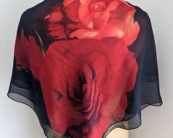 Vintage Anne Klein Silk Chiffon Scarf: 80s Rose Print, Navy Blue