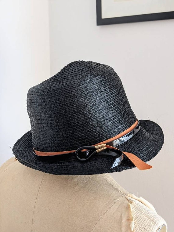 Vintage Adolfo Raffia Fedora Hat: 1960s Mod Black Grosgrain  display picture 3
