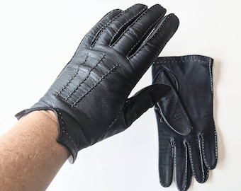Körhandskar i vintageläder: Handsydda lammskinn, mörkblå, storlek 7,5