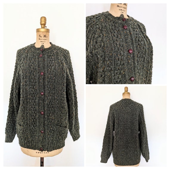 FOREST GREEN TWEED Vintage Irish Hand Knit Winter… - image 1