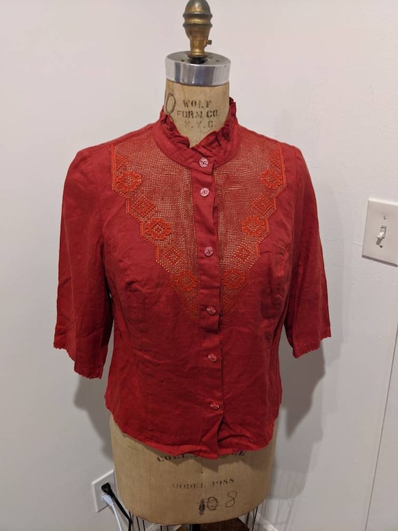 CROSS STITCH LACE Vintage Red Linen Blouse