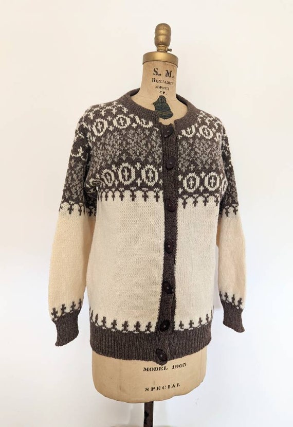 Veste Cardigan Femme Vintage En Laine - Motif Fair Isle - Taille S - Beige