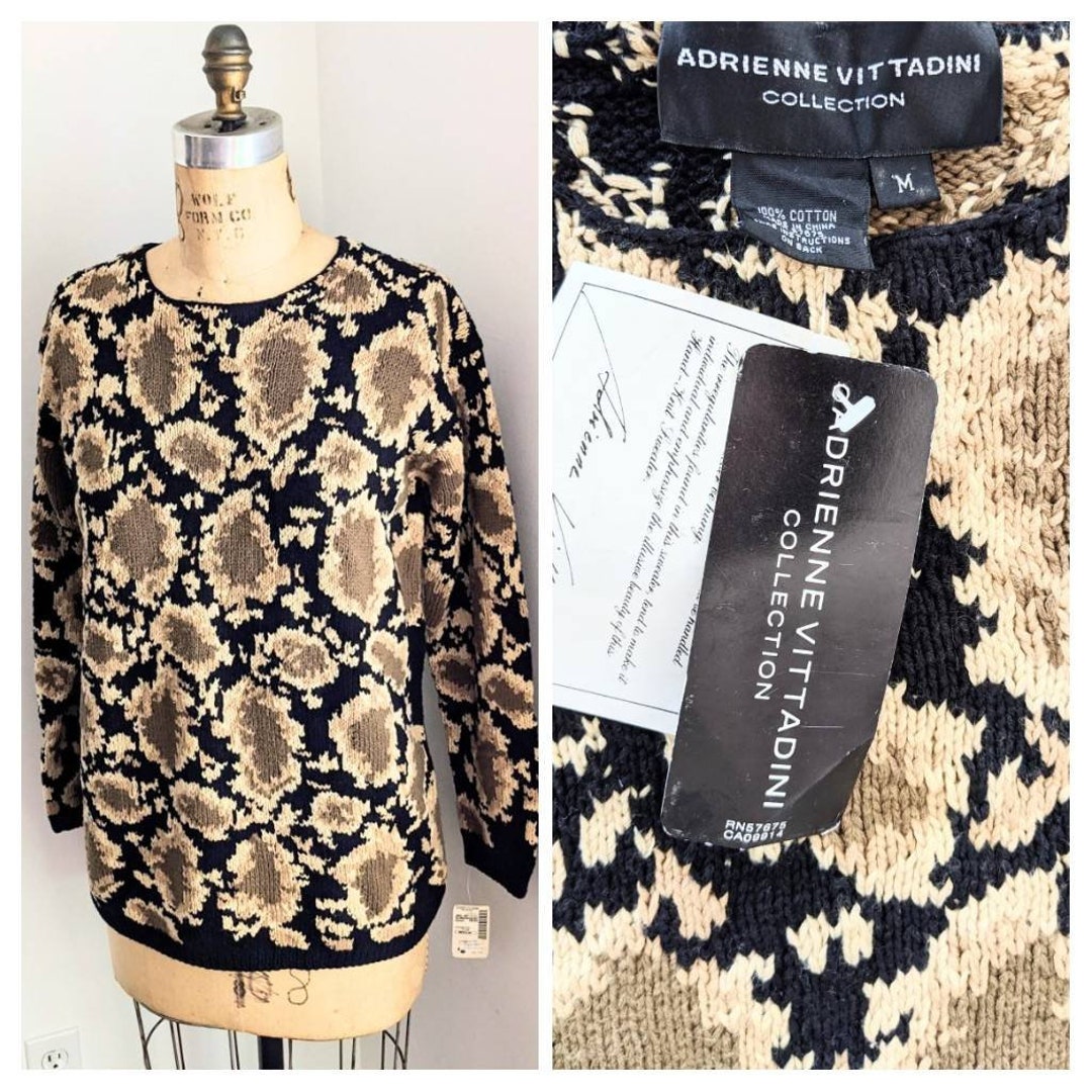 1990's ANIMAL INSTINCT Vintage 90s Adrienne Vittadini Hand Knit Leopard  Intarsia Jacquard Cotton Sweater, Rare Designer Sweaters, Size L -   Canada