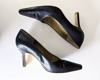 1990's CHARLES JOURDAN PARIS Vintage Black Snakeskin Square Toe Pumps, Made in France