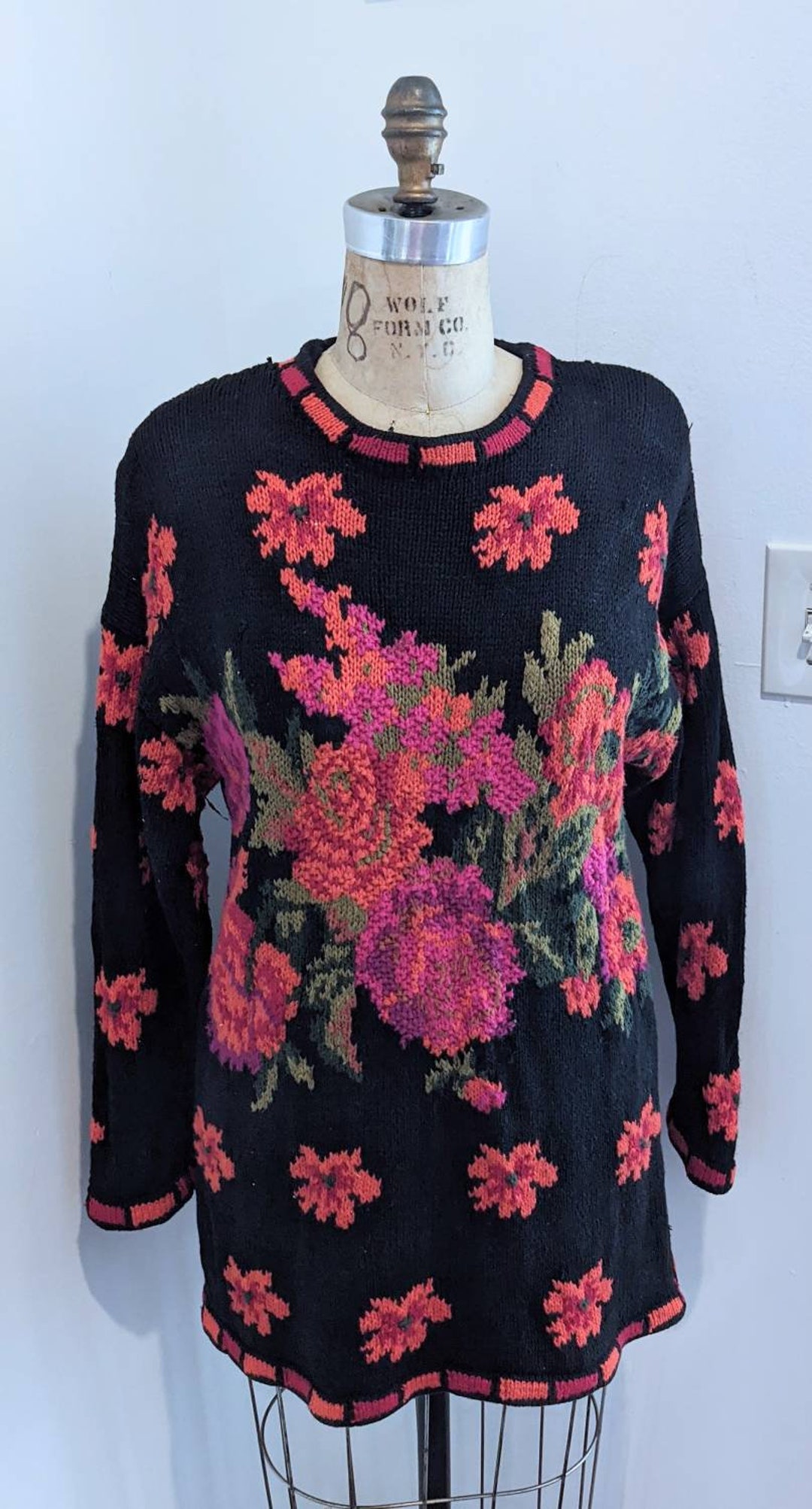 1980s Floral Intarsia Handknit Cotton Sweater Dress - The Limited 1980s Floral Intarsia Handknit Cotton Sweater Dress - The Limited