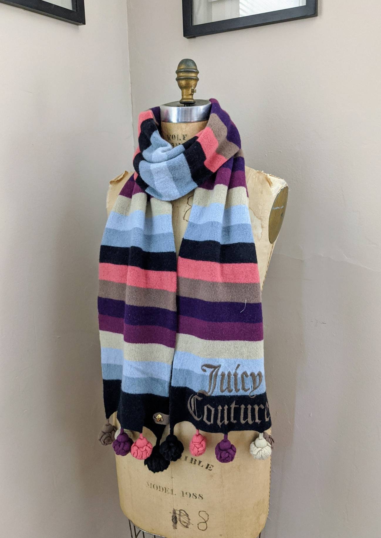 Vintage 2000s Juicy Couture Multi Color Striped Wool Hat & Scarf Set Vintage Juicy Couture Wool Scarf: Striped Lambswool With  main image 3