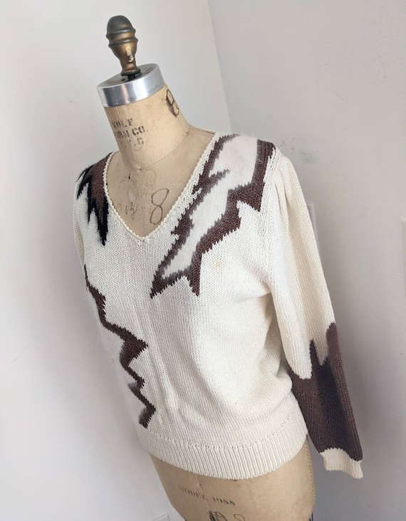 ELECTRIC INTARSIA HANDKNIT Vintage 70's 80's V-ne… - image 1