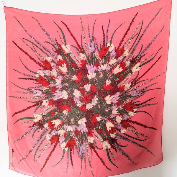 1980s Anne Klein Silk Scarf: Pink Wildflower Bouquet, Signed