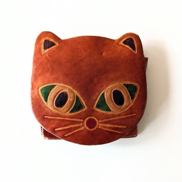 KITTY CAT PURSE Vintage 1960's 70's Hand Tooled Painted Leather Collapsible Change Purse, Made in India