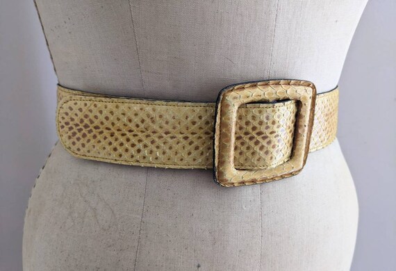Vintage 70s Anne Klein Snakeskin Leather Belt - Buttercream  display picture 1
