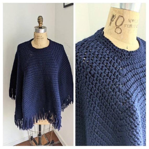 HAND CROCHET PONCHO Vintage 70s Navy Wool Knit Fr… - image 1