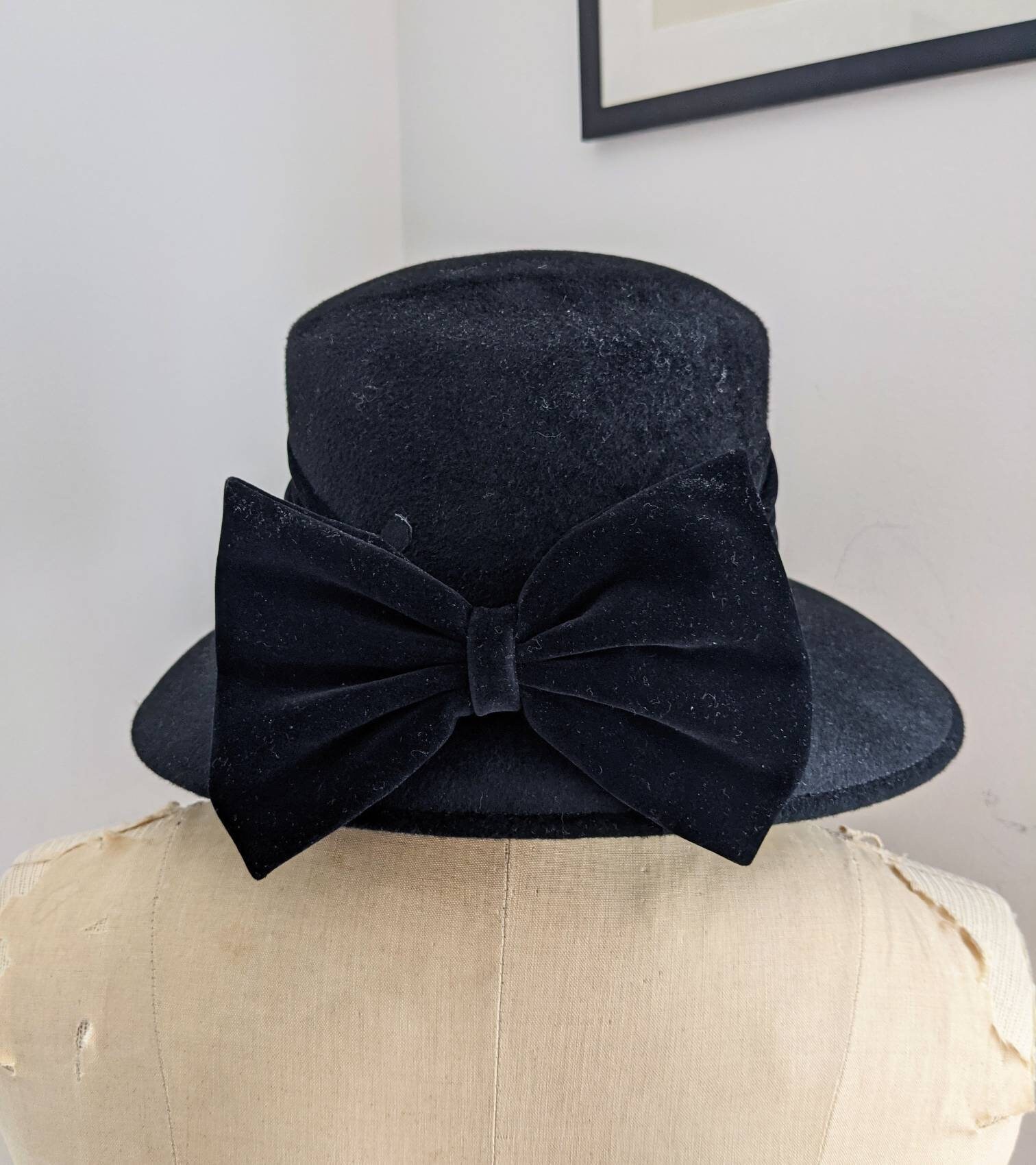 Vintage Laura Ashley Fur Felt Hat: Black Velvet Bow, Made in 