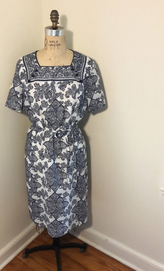 B. ALTMAN Vintage 50s 60s Navy & White Indian Bloc
