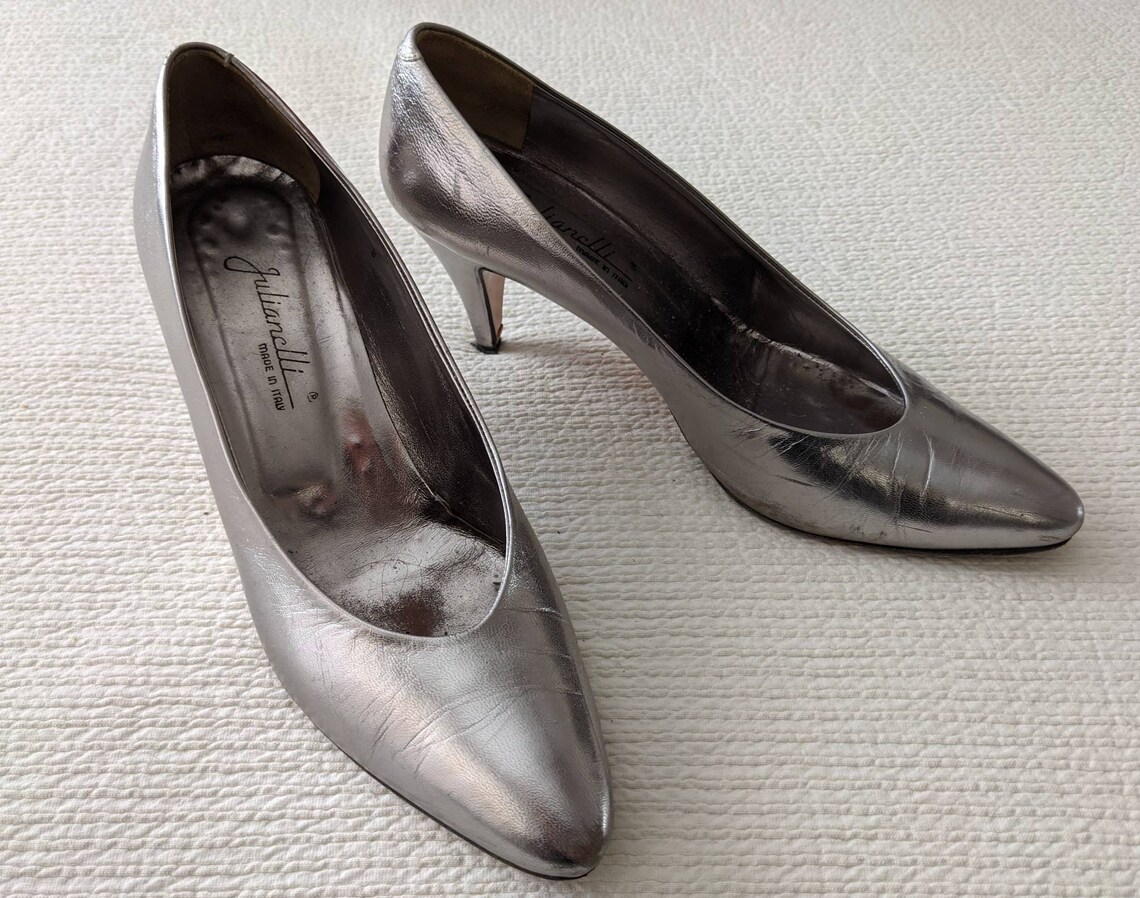 1980's GUNMETAL PUMPS Vintage 80s Silver Metallic Leather Etsy