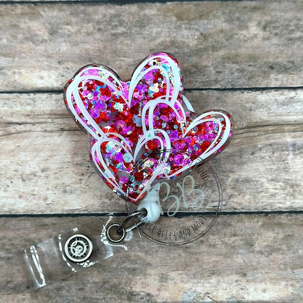 Glitter triple hearts - retractable badge reel - badge reel - badge clip - lanyard - magnet back - badge pull - badge holder