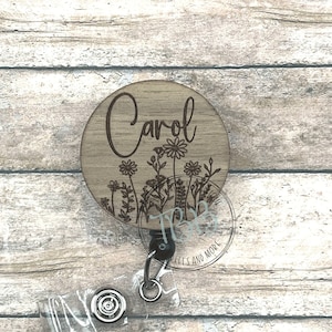Wood engraved personalized badge reel - retractable badge reel - badge clip - lanyard - stethoscope ID tag - carabiner - magnet back