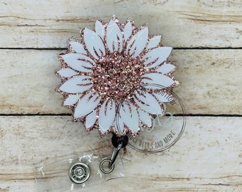 Rose gold glitter sunflower - retractable badge reel - badge reel - badge clip - lanyard - stethoscope ID tag - carabiner - magnet back