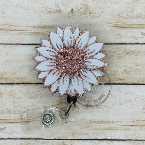 Rose gold glitter sunflower - retractable badge reel - badge reel - badge clip - lanyard - stethoscope ID tag - carabiner - magnet back