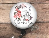 Personalized flower skull - badge reel - lanyard - stethoscope ID tag - retractable badge reel - badge clip - badge holder