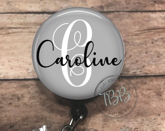 Monogram initial personalized grey - badge reel - lanyard - stethoscope ID tag - retractable badge reel - badge clip - badge holder