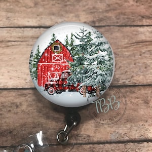 Christmas scene barn - retractable badge reel - lanyard - stethoscope ID tag - badge clip - badge holder