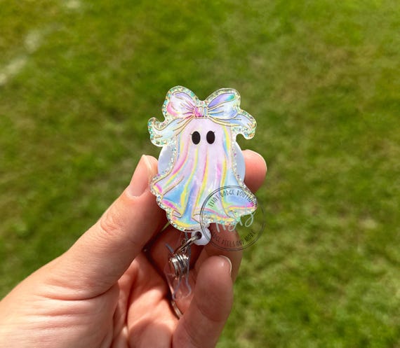 Glitter iridescent ghost - retractable badge reel - badge reel - badge clip - lanyard - stethoscope ID tag - carabiner - magnet back