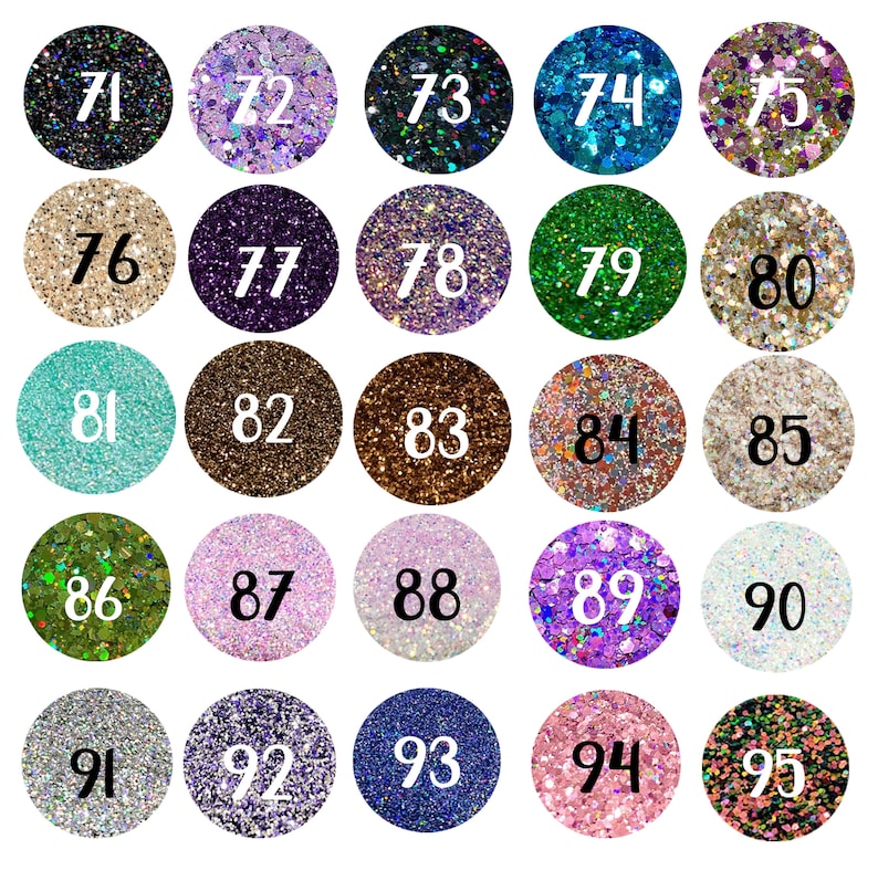 May include: A grid of twenty-five circular swatches displaying various glitter textures and colors, each labeled with a number from 71 to 95. The collection includes shades of black, purple, blue, green, gold, brown, silver, pink, and white.