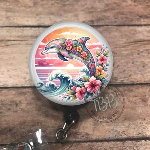 Floral dolphin - retractable badge reel - badge reel - stethoscope ID tag - carabiner - magnet back - name badge reel
