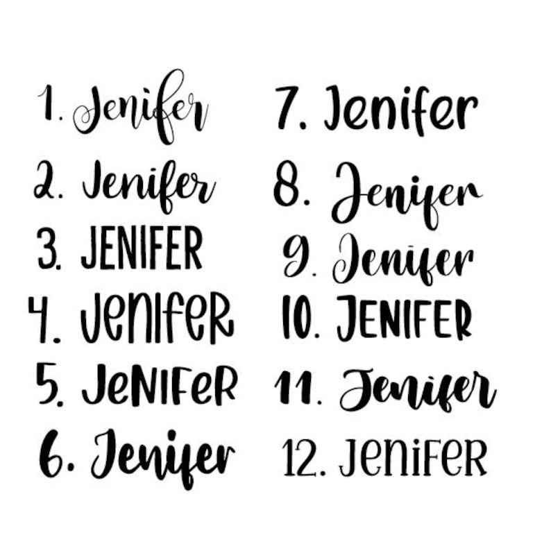 May include: A list of twelve black text samples of the name Jenifer, each displayed in a different font style and numbered from 1 to 12. The fonts range from cursive scripts to bold, sans-serif, and decorative lettering styles on a white background.
