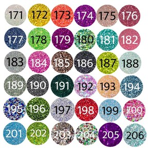 May include: A grid of thirty-six circular glitter swatches, each labeled with a unique number from 171 to 206. The swatches display a wide variety of colors, including shades of gold, red, purple, pink, blue, green, black, silver, and multi-colored mixes.