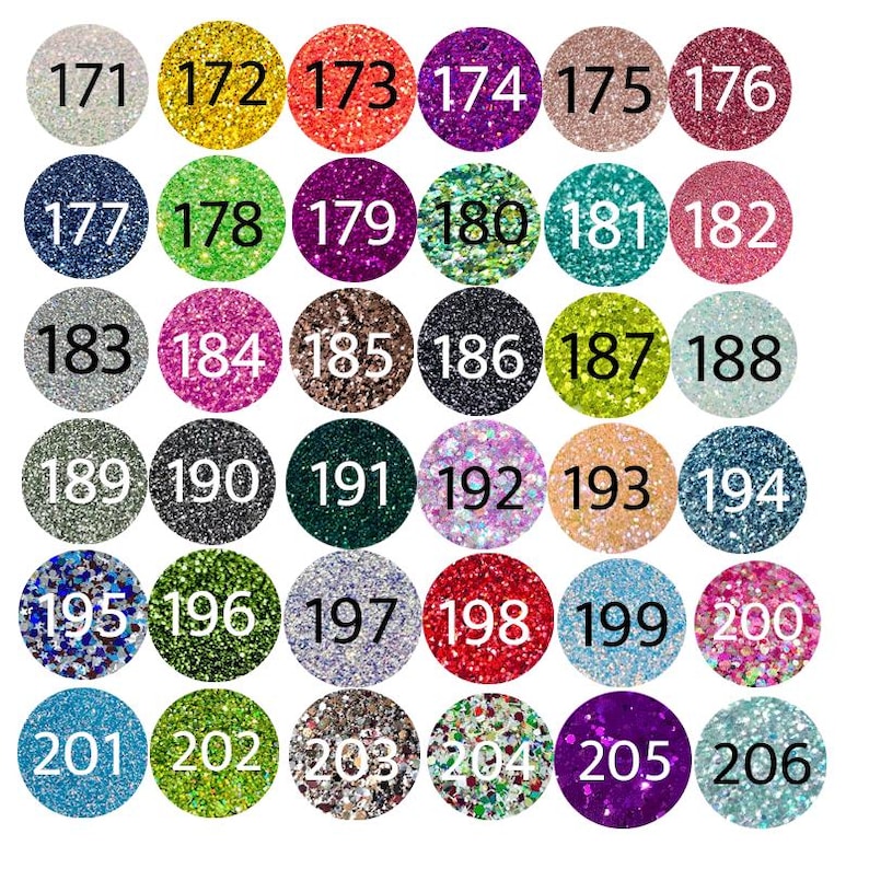 May include: A grid of thirty-six circular glitter swatches, each labeled with a unique number from 171 to 206. The swatches display a wide variety of colors, including shades of gold, red, purple, pink, blue, green, black, silver, and multi-colored mixes.