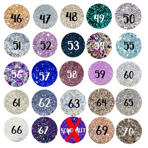 May include: A grid of twenty-five circular glitter samples arranged in five rows and five columns. Each circle features a unique color and texture of glitter, labeled with black numbers from 46 to 70. Circle 68 has a red X and the text SOLD OUT.