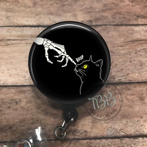 Skellie hand and black cat - Halloween - retractable badge reel - badge  reel - badge clip - lanyard - carabiner - magnet back