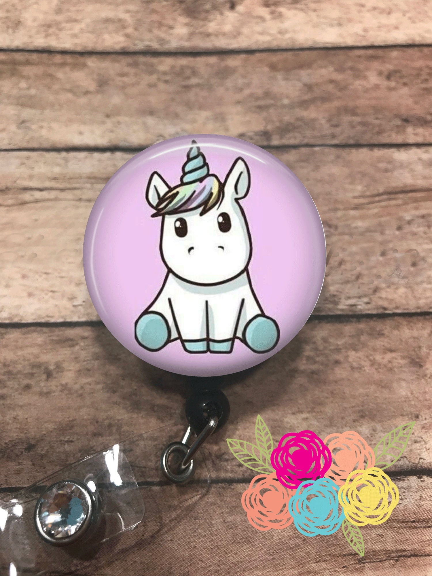 Unicorn Badge Reel Retractable ID Holder Unicorn Floral Badge Reel ID Badge Holder Work Badge Reel Swivel Pinch Clip Badge Holder