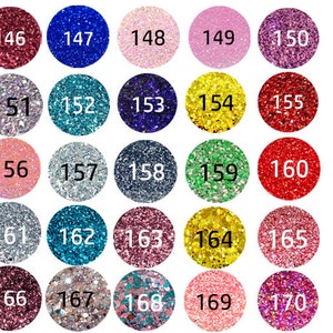 May include: A grid of twenty-five circular swatches featuring various glitter textures and colors, each labeled with a black number from 146 to 170. The collection includes shades of red, blue, pink, silver, gold, green, and purple with reflective finishes.