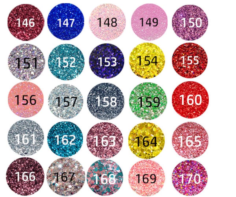 May include: A grid of twenty-five circular swatches featuring various glitter textures and colors, each labeled with a black number from 146 to 170. The collection includes shades of red, blue, pink, silver, gold, green, and purple with reflective finishes.