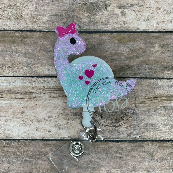 Glitter dinosaur - retractable badge reel - badge clip - badge holder - dinosaur - lanyard