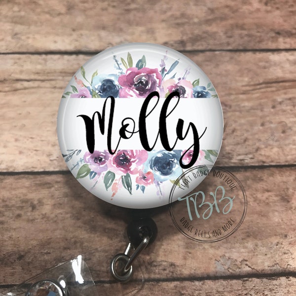 Personalized watercolor floral - badge reel - lanyard - stethoscope ID tag - retractable badge reel - badge clip