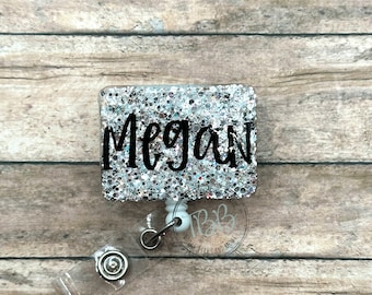 Personalized glitter rectangle - personalized badge reel - retractable badge reel - badge clip - badge holder - name badge reel