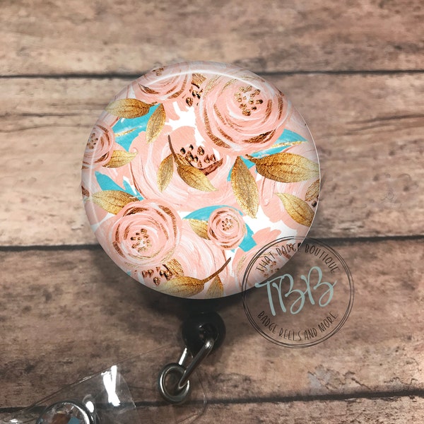Peach floral - retractable badge reel - badge clip - lanyard - stethoscope ID tag - carabiner - magnet back