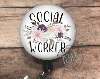 Floral social worker - badge reel - retractable badge reel - badge clip - lanyard - stethoscope ID tag - badge clip