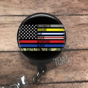 First responders flag - retractable badge reel - badge reel - badge clip - lanyard - carabiner - magnet back - badge pull - magnet back