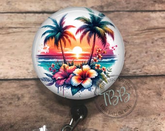 Beach tree sunset - badge reel - lanyard - stethoscope ID tag - retractable badge reel - badge clip - badge holder