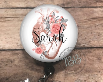 Personalized rose gold heart - badge reel - lanyard - stethoscope ID tag - retractable badge reel - badge clip - badge holder