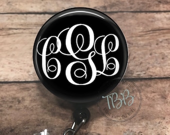 Personalized monogram black - badge reel - lanyard - stethoscope ID tag - retractable badge reel - badge clip - badge holder